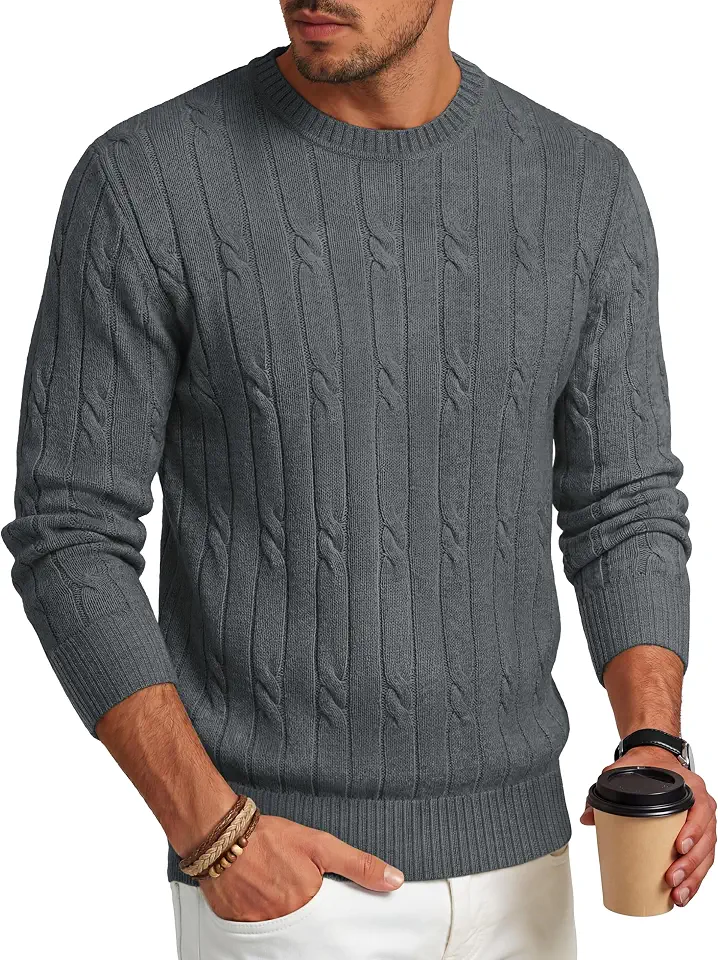 TACVASEN Men's Crewneck Pullover Sweater Cable Knit Long Sleeve Sweaters