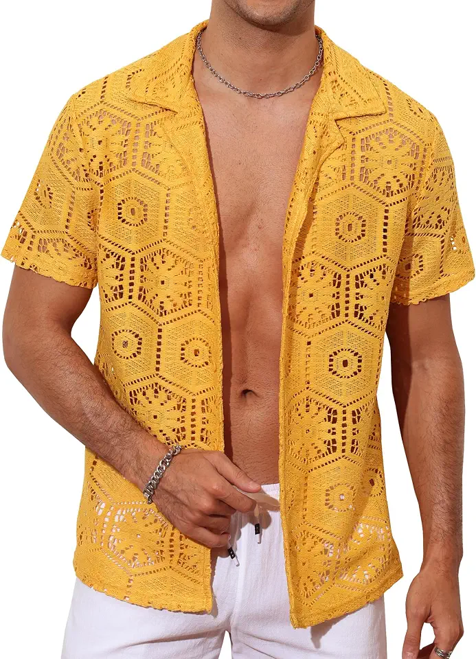 Mens Floral Lace Shirt Casual Mesh Sexy Sheer See Through Short Sleeve Beach Button Down Shirts