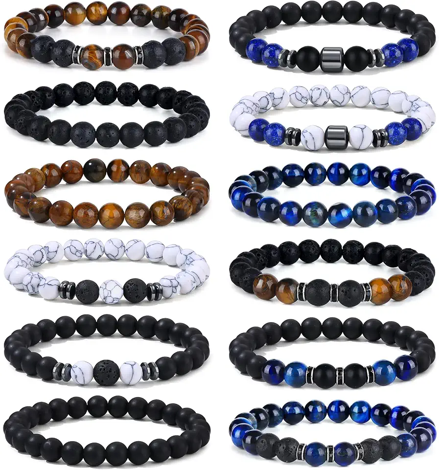 Giovanchi 4-12PCS Bracelets for Men, 8MM Mens Bracelets Lava Rock Black Obsidian Howlite Tiger Eye Beaded Natural Stone Bracelet Jewelry Gifts for Birthday Christmas