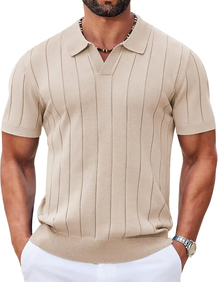 Global Recycled Standard COOFANDY Mens Polo Shirts Short Sleeve V Neck Knit Shirts for Men Casual Old Money Clothes Mens Golf Shirt