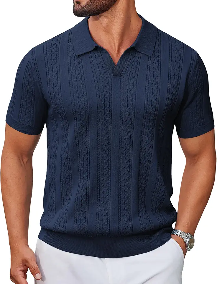 COOFANDY Mens Knit Polo Shirts Short Sleeve Textured Polo Shirt V-Neck Casual Stretch Summer Golf Tops