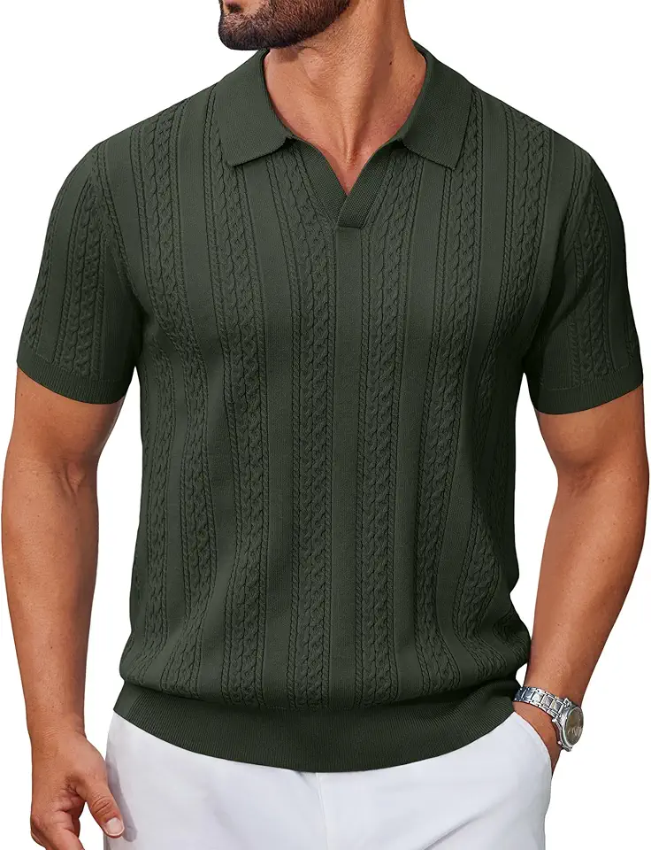 COOFANDY Mens Knit Polo Shirts Short Sleeve Textured Polo Shirt V-Neck Casual Stretch Summer Golf Tops