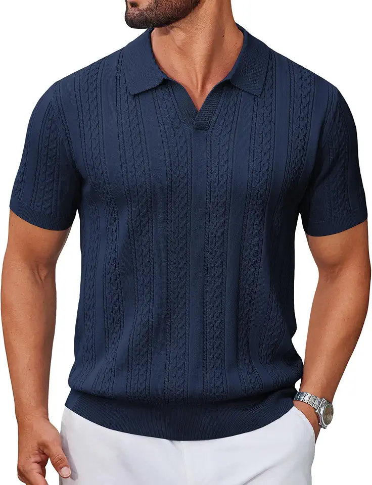 Men's Navy Blue Ribbed Knit Polo Shirt