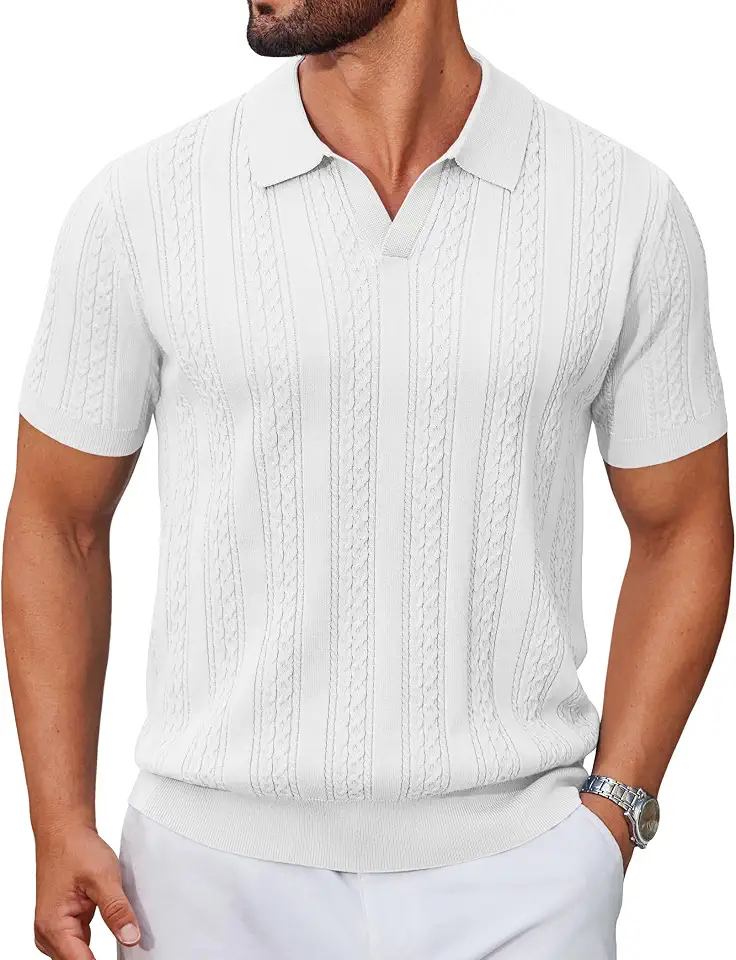 Global Recycled Standard COOFANDY Mens Knit Polo Shirts Short Sleeve Textured Polo Shirt V-Neck Casual Stretch Summer Golf Tops