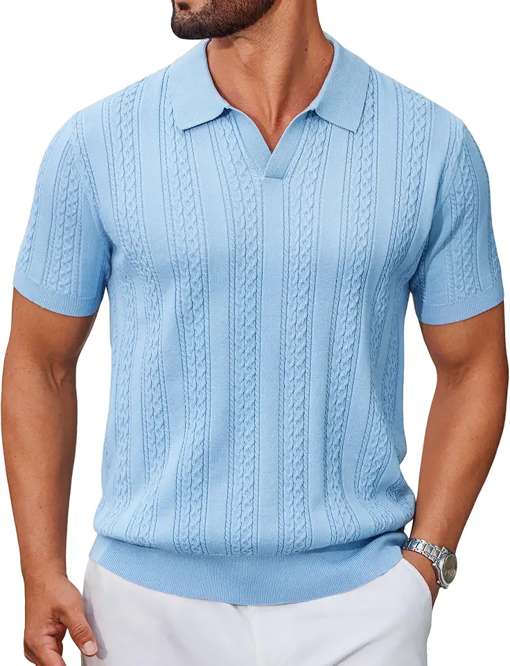 Global Recycled Standard COOFANDY Mens Knit Polo Shirts Short Sleeve Textured Polo Shirt V-Neck Casual Stretch Summer Golf Tops