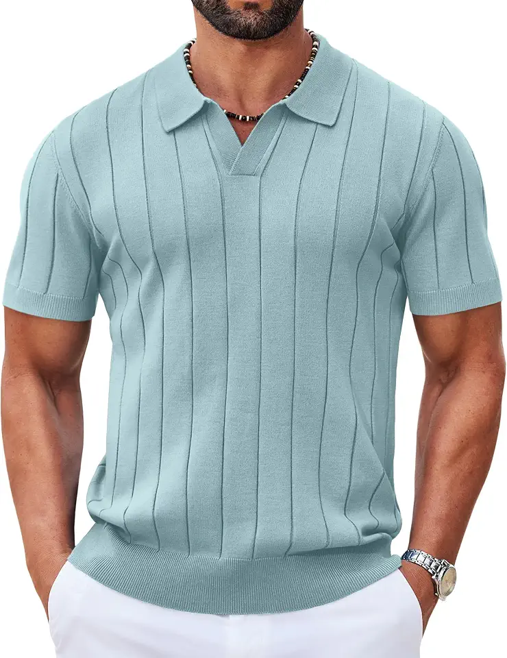 Global Recycled Standard COOFANDY Mens Polo Shirts Short Sleeve V Neck Knit Shirts for Men Casual Old Money Clothes Mens Golf Shirt