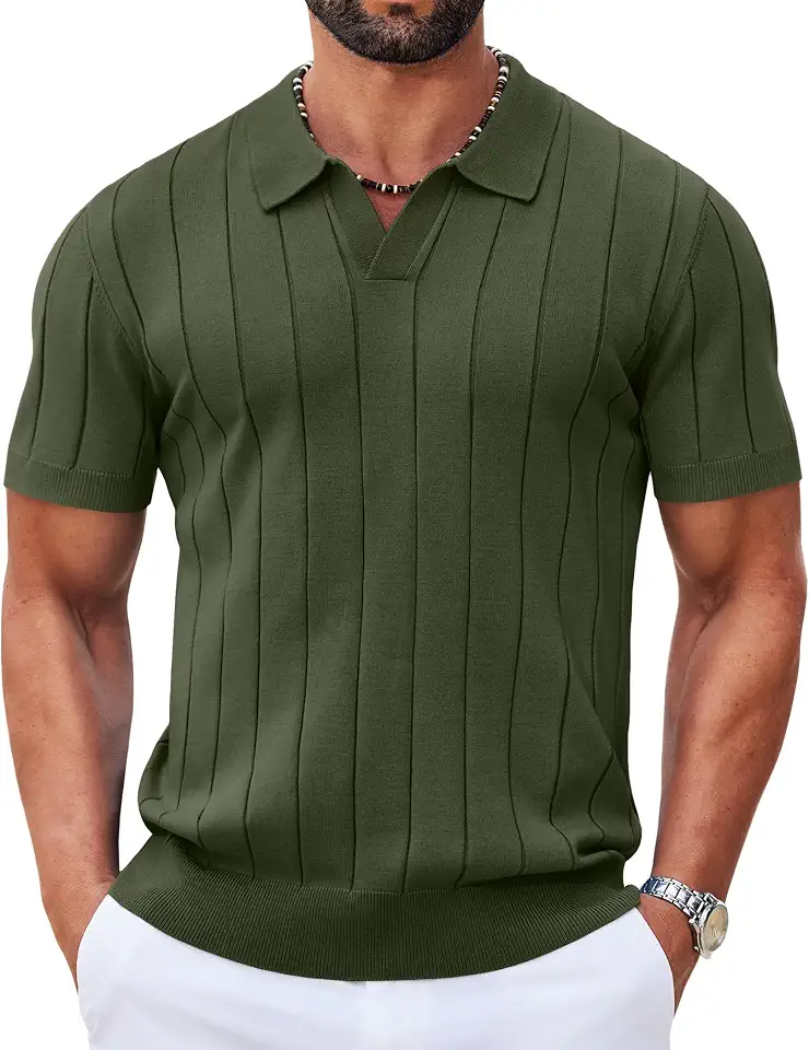 Global Recycled Standard COOFANDY Mens Polo Shirts Short Sleeve V Neck Knit Shirts for Men Casual Old Money Clothes Mens Golf Shirt