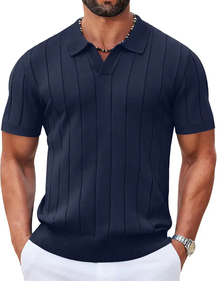 Global Recycled Standard COOFANDY Mens Polo Shirts Short Sleeve V Neck Knit Shirts for Men Casual Old Money Clothes Mens Golf Shirt