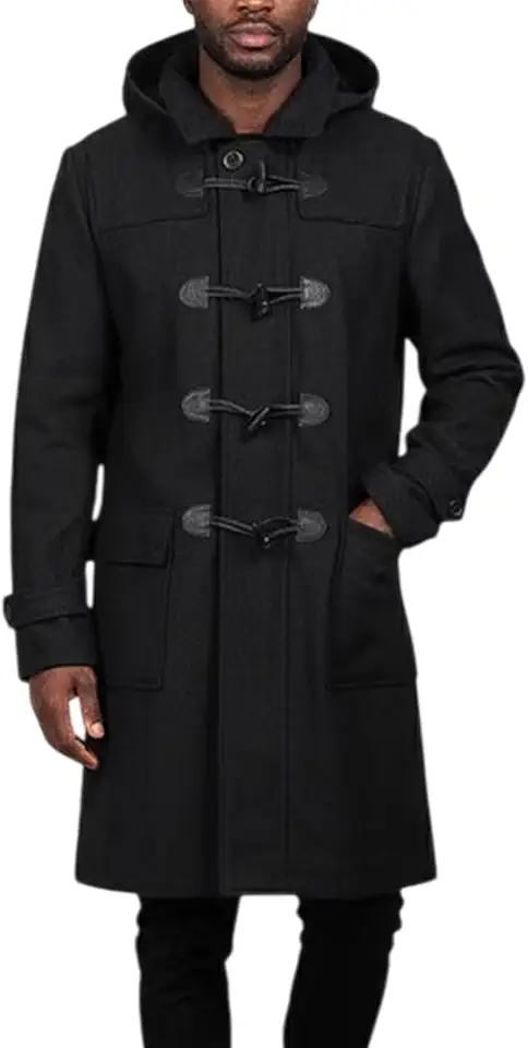 Mens Hooded Wool Duffle Coat, Warm Single Breasted Winter Jacket with Toggle Closure