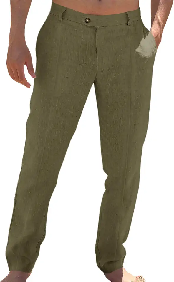 Runcati Mens Cotton Linen Casual Pants Dress Elastic Waist Trousers Slacks