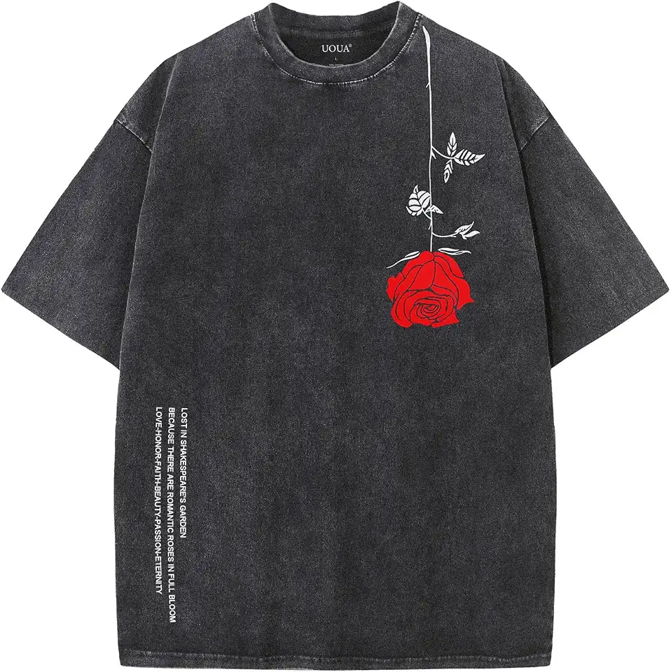 UOUA Men's Graphic Tees Washed Oversized Short Sleeve T-Shirts