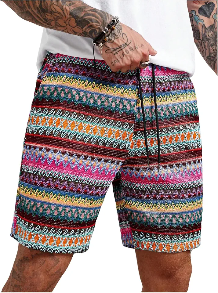 WDIRARA Men's Geometric Print Graphic Bermuda Boho Striped Shorts