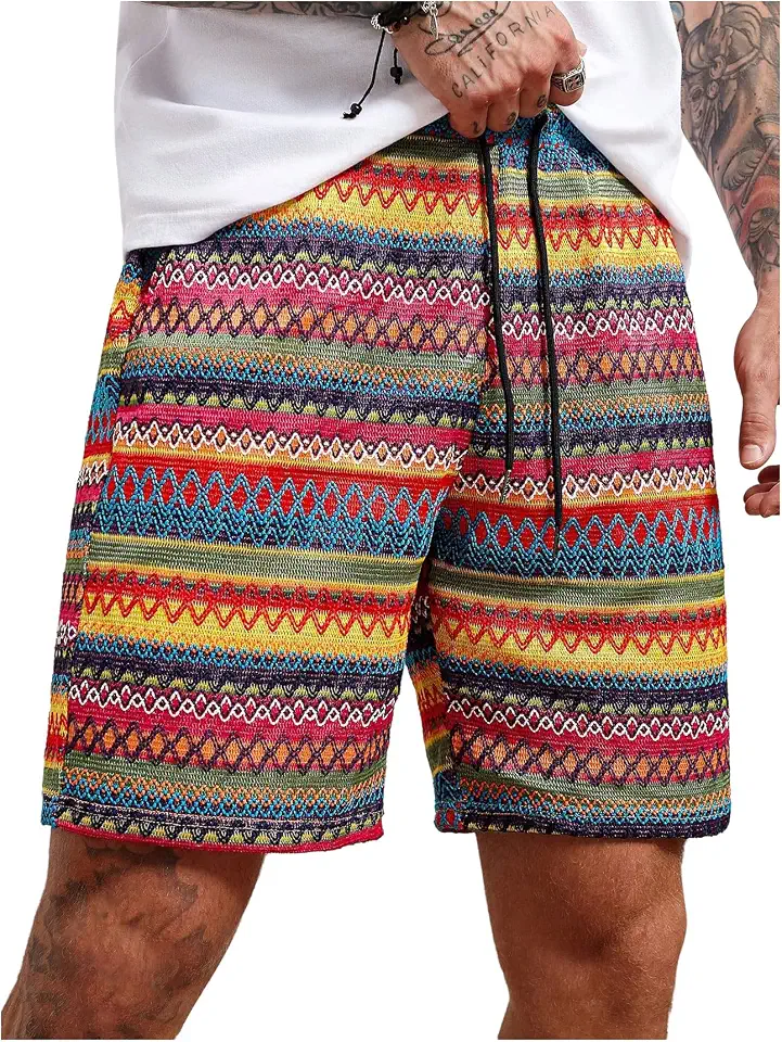 WDIRARA Men's Geometric Print Graphic Bermuda Boho Striped Shorts
