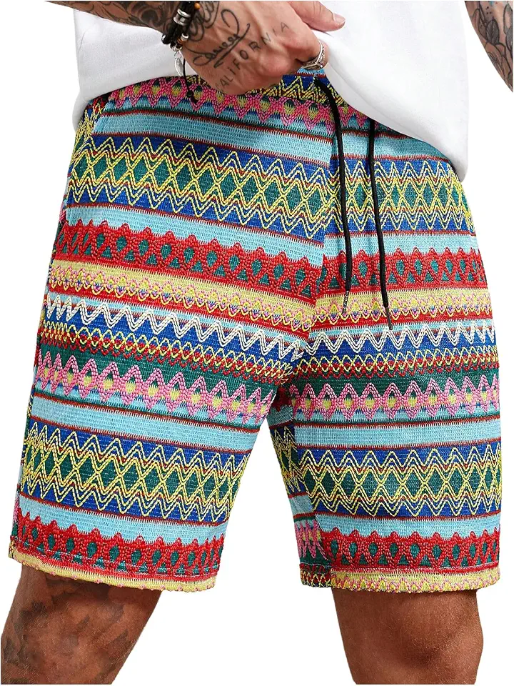 WDIRARA Men's Geometric Print Graphic Bermuda Boho Striped Shorts