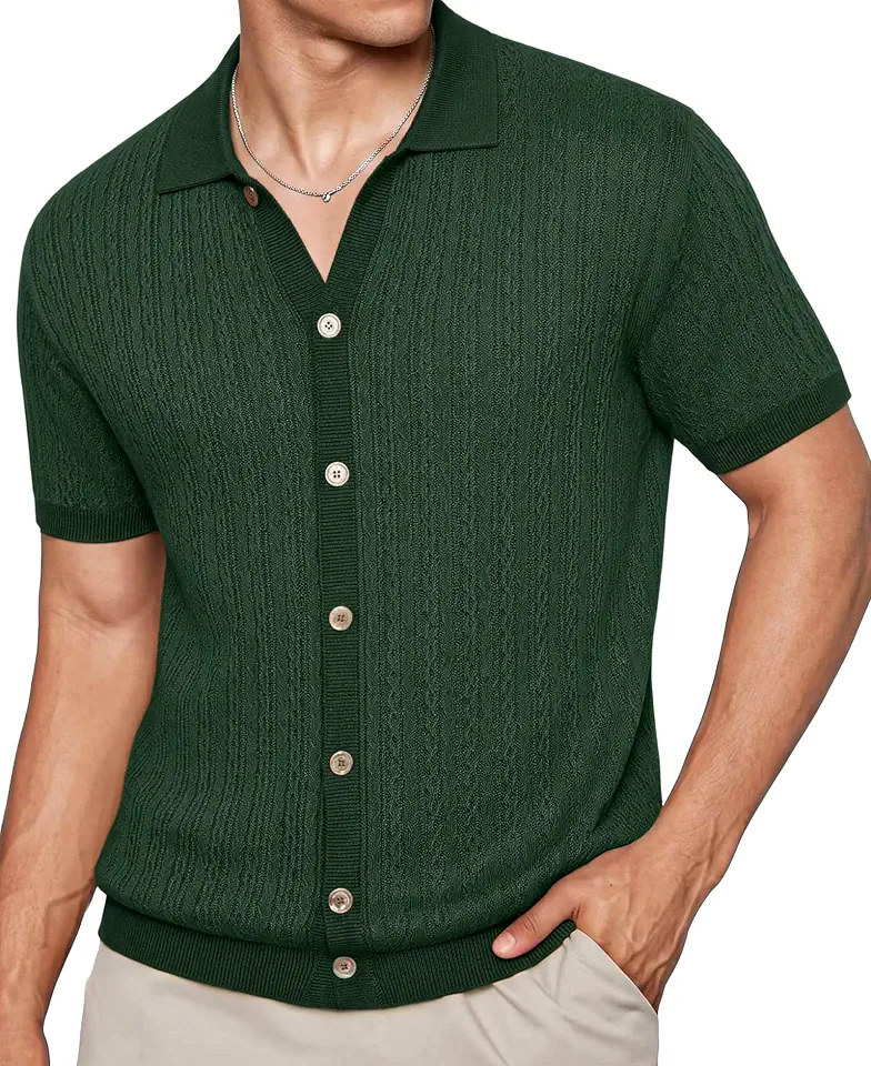 Men's Green Button Up Cardigan Polo Shirt