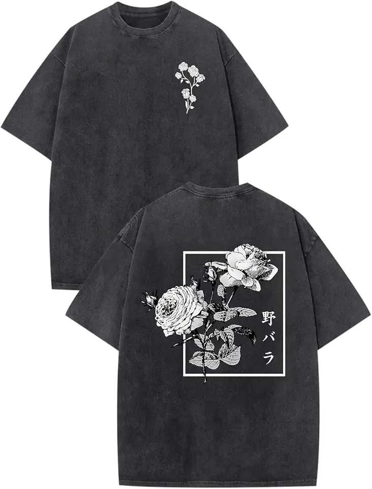Japanese Graphic Tees for Men Harajuku Rose Flower Floral Shirts Cool Vintage Oversized Streetwear Acid Wash Tops