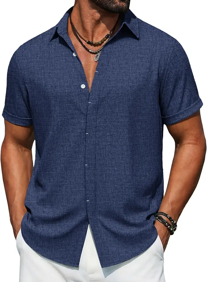 Global Recycled Standard COOFANDY Men's Button Down Short Sleeve Shirts Casual Summer Vacation Shirts Linen Beach Wedding Shirt
