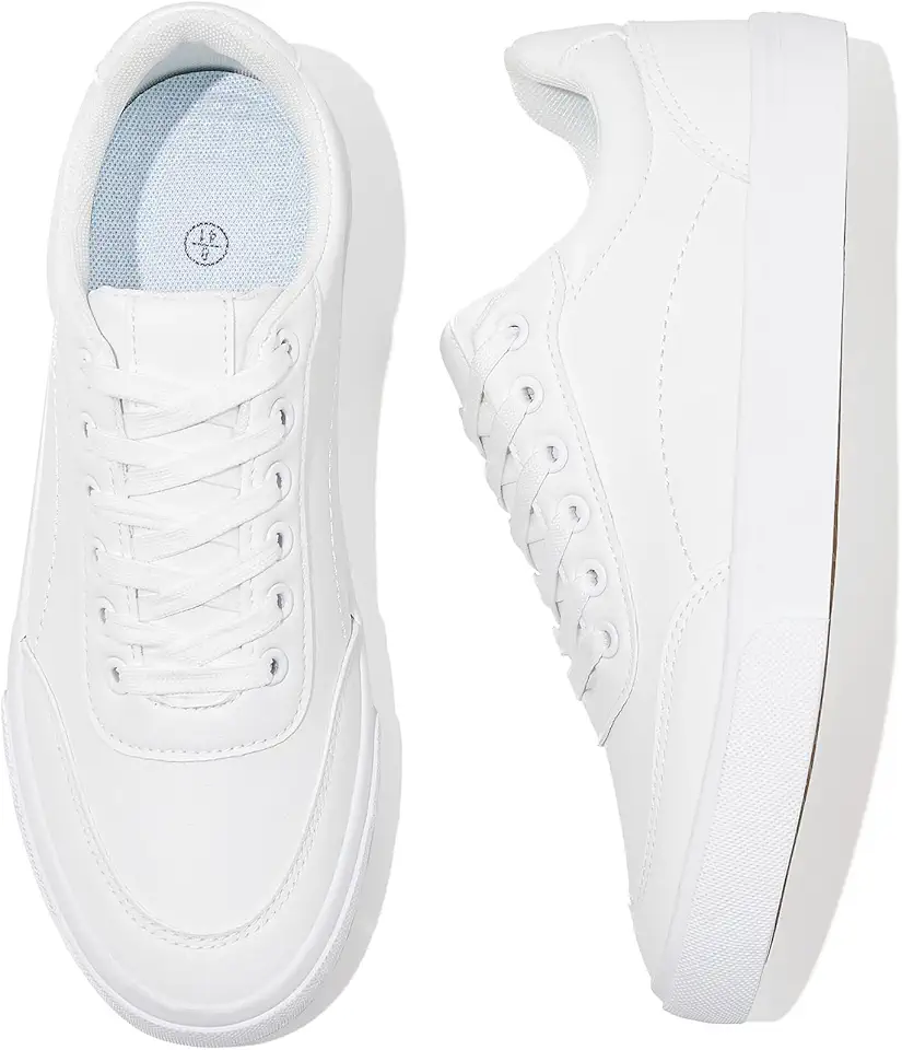 Rominz Men's White Tennis Shoes PU Leather Fashion Sneakers Low Top Casual Walking Shoes for Men