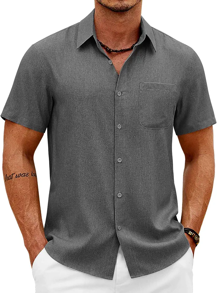 Global Recycled Standard COOFANDY Mens Short Sleeve Button Down Shirts Casual Summer Shirts Linen Beach Shirt with Pocket