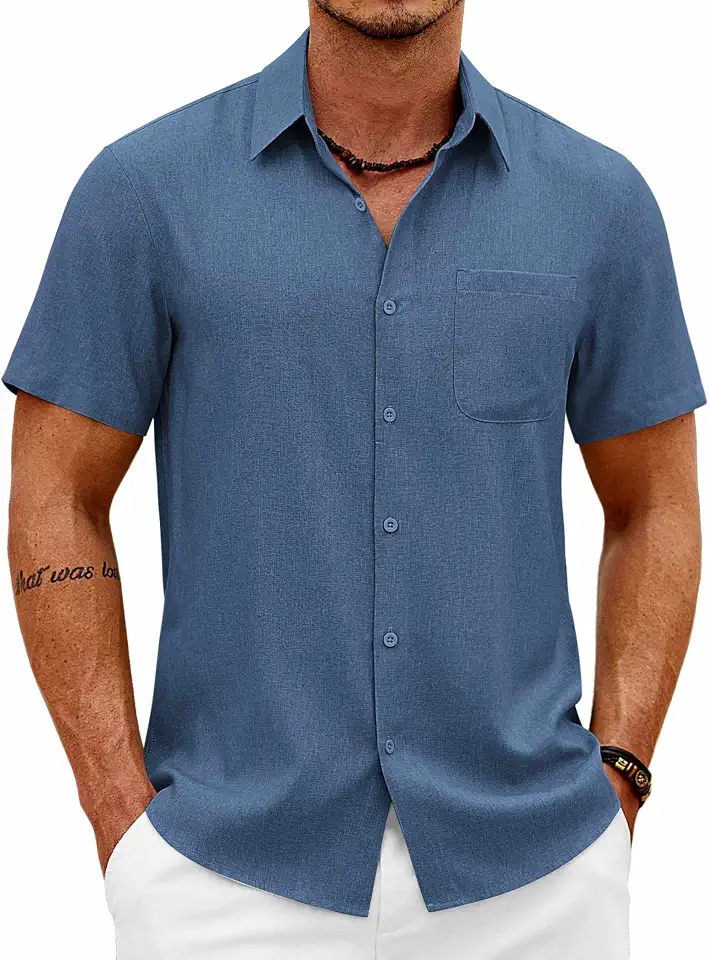 Global Recycled Standard COOFANDY Mens Short Sleeve Button Down Shirts Casual Summer Shirts Linen Beach Shirt with Pocket