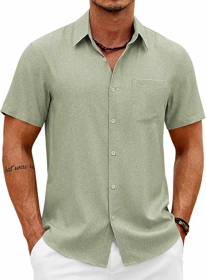 Global Recycled Standard COOFANDY Mens Short Sleeve Button Down Shirts Casual Summer Shirts Linen Beach Shirt with Pocket