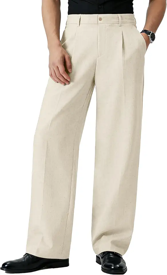 Susclude Mens Linen Casual Dress Pants Old Money Wide Leg Baggy Pleated Vintage Relaxed Fit Slacks Work Office Trousers