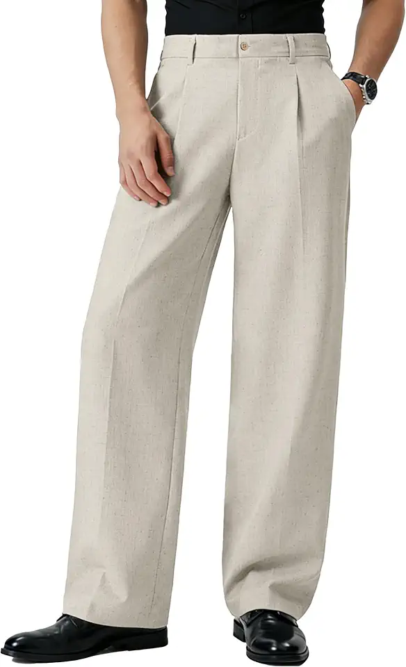 Susclude Mens Linen Casual Dress Pants Old Money Wide Leg Baggy Pleated Vintage Relaxed Fit Slacks Work Office Trousers