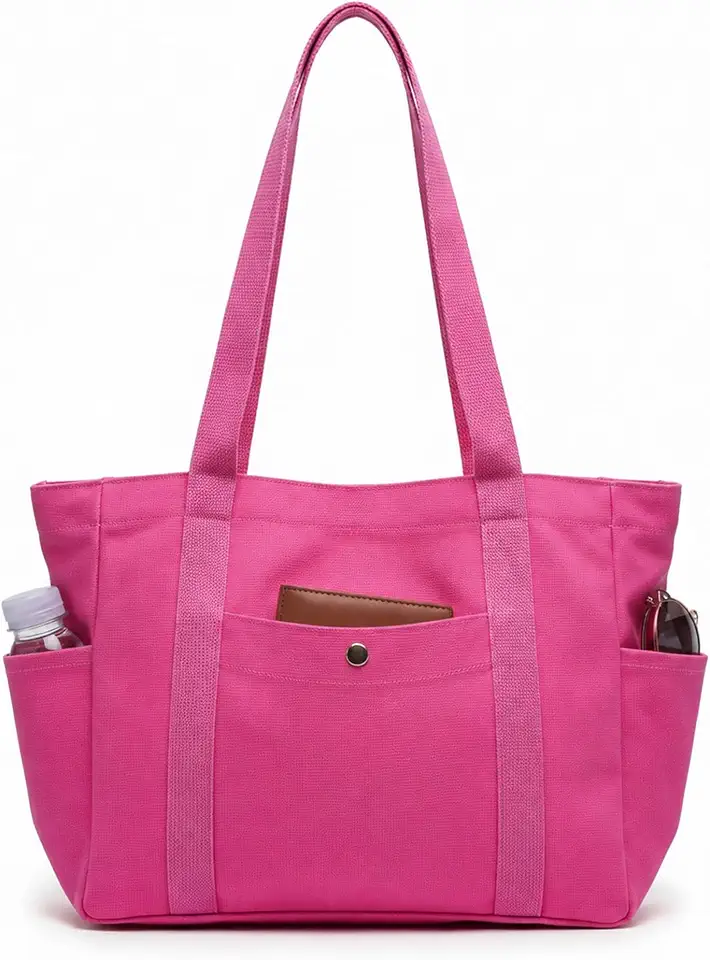 Medium Canvas Tote Bag with Zipper & Multi-Pocket, Heavy Duty Reusable Canvas Purse for Women Men Work Handbag