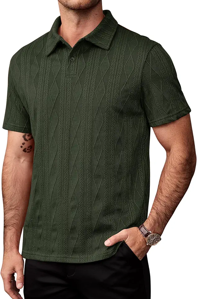 Mens Textured Knit Polo Shirts Casual Vintage Business Summer Collared Shirt (S-XXL)