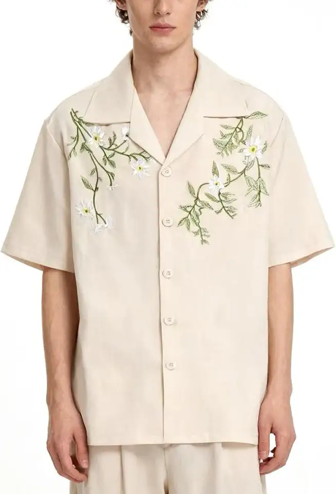Men's Floral Embroidered Short Sleeve Button Down Shirt, Casual Holiday Style, Camp Shirt, Going Out Outfits