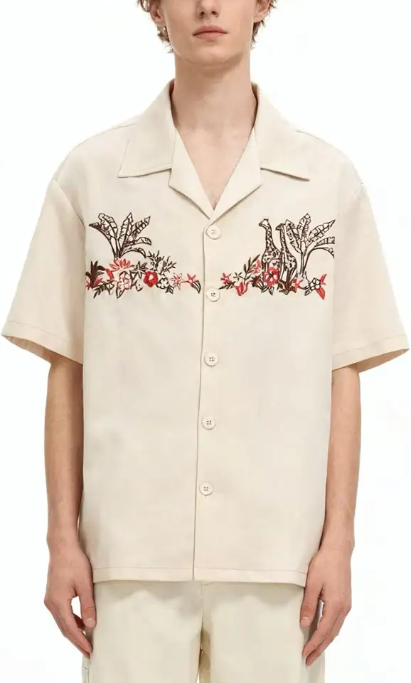 Men's Floral Embroidered Short Sleeve Button Down Shirt, Casual Holiday Style, Camp Shirt, Going Out Outfits