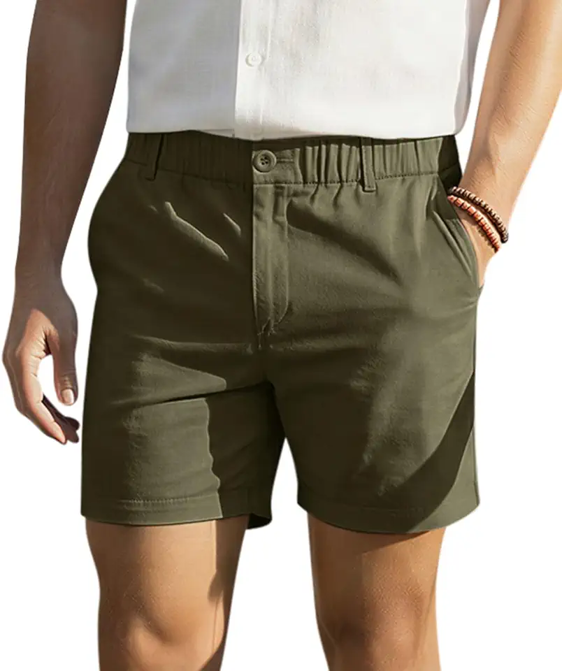 RQP Men's Cotton Casual Shorts Classic-fit 5" Chino Shorts Elastic Waist Daily Wear Dress Shorts