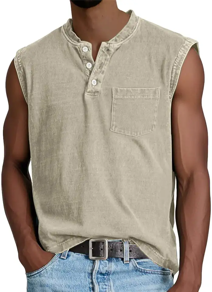 Kubsid Mens Tank Vintage Button Sleeveless Workout Henley Shirts Summer Cotton Casual Classic Solid Beach Tops with Pocket