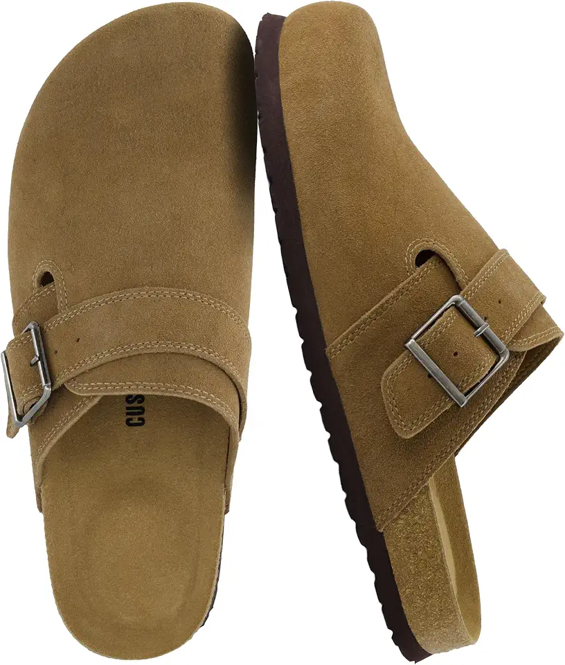 CUSHIONAIRE Hugo Genuine Leather Suede Clogs for Men – Comfortable Slip On Shoes with Adjustable Buckle, Closed Toe Mens Slides