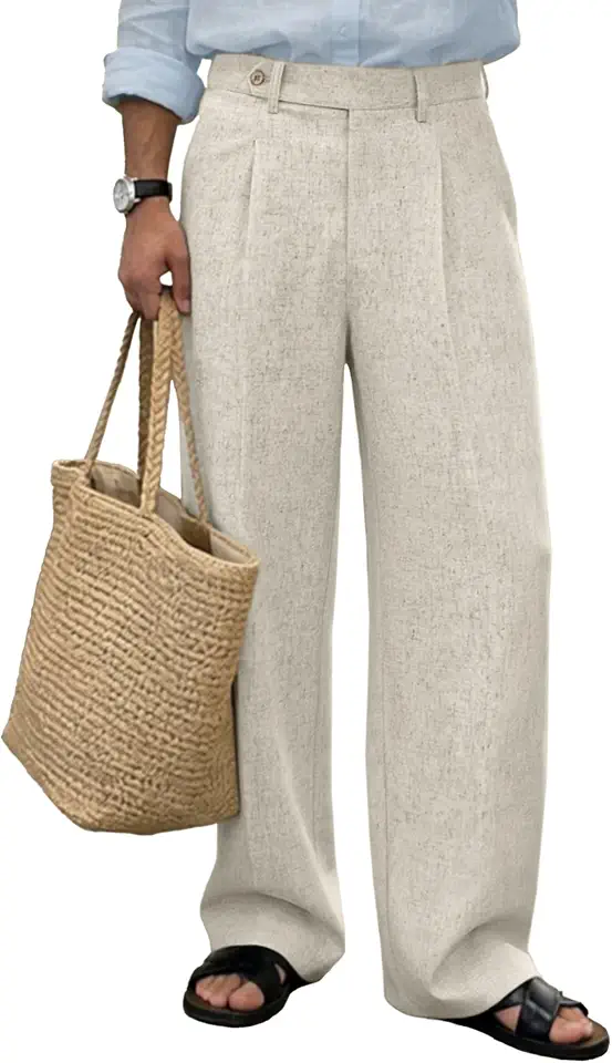 Susclude Mens Casual Dress Pants Baggy Pleated Old Money Wide Leg Slacks Relaxed Fit Lightweight Linen Work Trousers