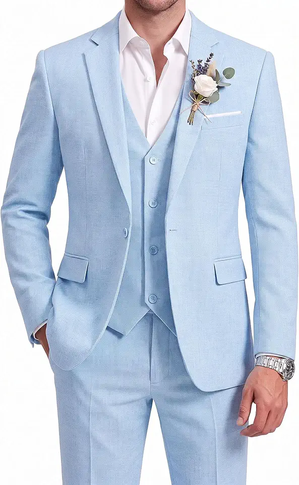 WULFUL Men's Linen Suit 3 Piece Slim Fit Suits for Men One Button Prom Wedding Party Tuxedo Suit Set Blazer Jacket Pants