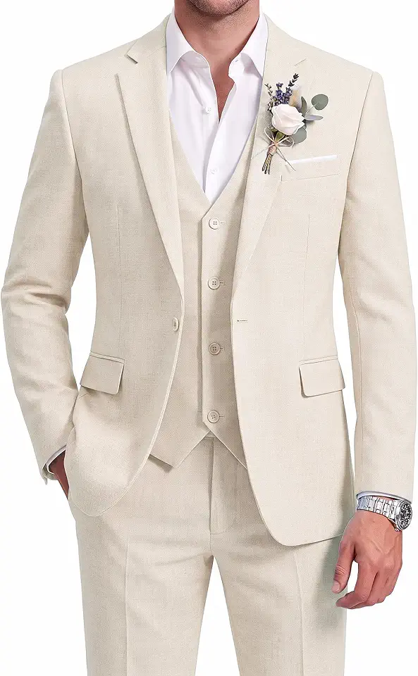 Global Recycled Standard WULFUL Men's Linen Suit 3 Piece Slim Fit Suits for Men One Button Prom Wedding Party Tuxedo Suit Set Blazer Jacket Pants