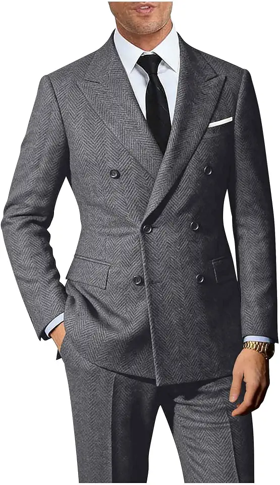 Global Recycled Standard Men Suits Retro 2 Piece Tweed Herringbone Suit Jacket Pants Set