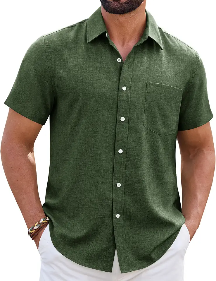 Mens Linen Shirt Short Sleeve Wrinkle Free Casual Untucked Button Down Shirts Beach Breathable Tops Summer