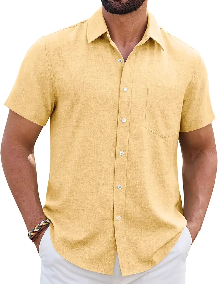 Mens Linen Shirt Short Sleeve Wrinkle Free Casual Untucked Button Down Shirts Beach Breathable Tops Summer