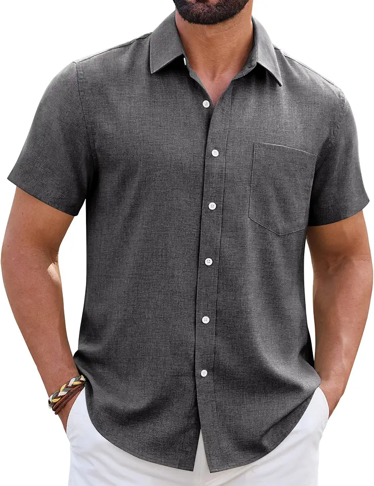 Mens Linen Shirt Short Sleeve Wrinkle Free Casual Untucked Button Down Shirts Beach Breathable Tops Summer