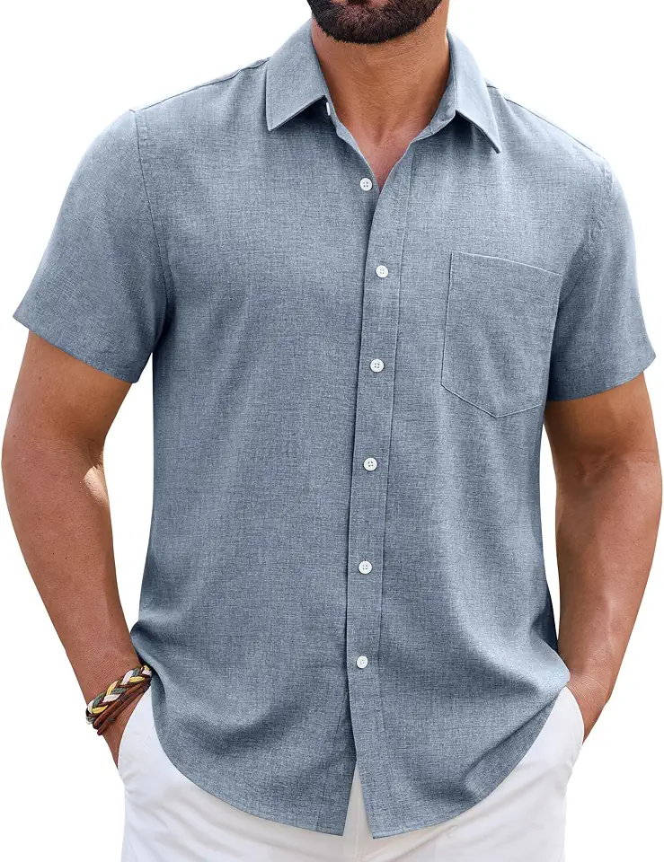 Men's Navy Blue Linen Short Sleeve Shirt