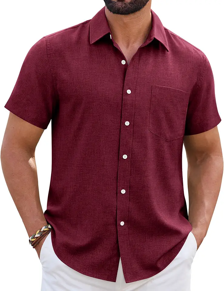 Mens Linen Shirt Short Sleeve Wrinkle Free Casual Untucked Button Down Shirts Beach Breathable Tops Summer