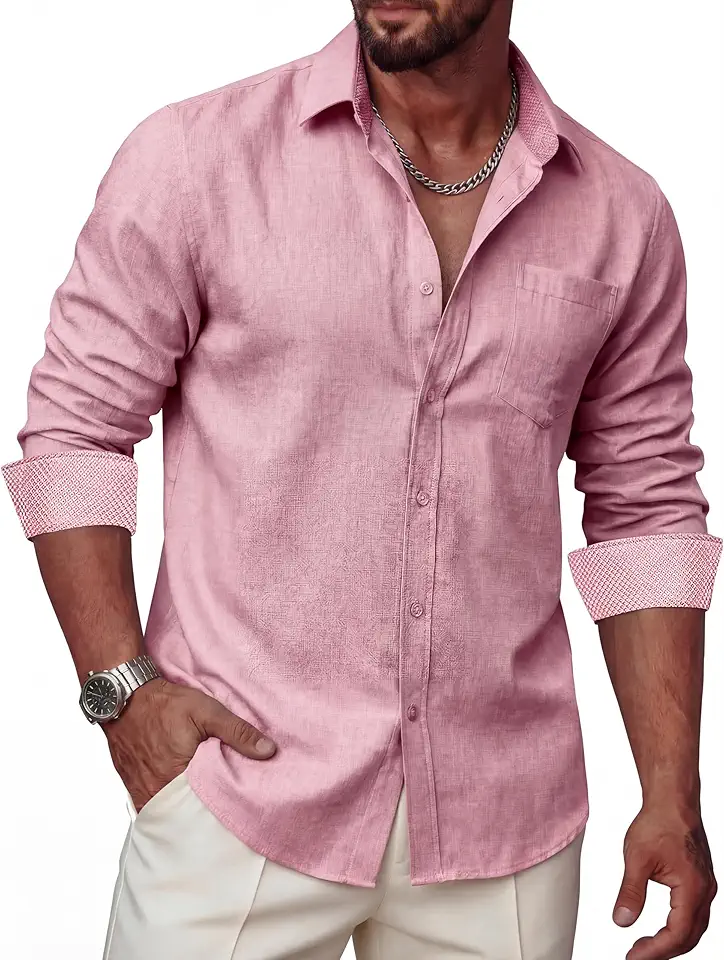 Mens Linen Shirts Long Sleeve Casual Button Down Shirt Untucked Regular Fit Contrast Collar Dress Shirt with Pocket