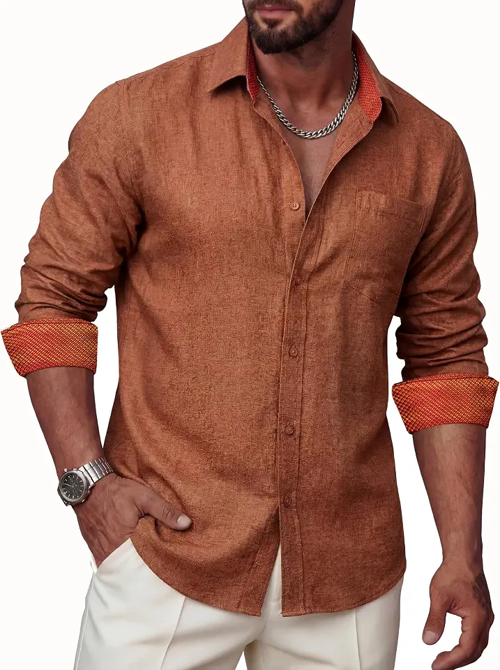 Mens Linen Shirts Long Sleeve Casual Button Down Shirt Untucked Regular Fit Contrast Collar Dress Shirt with Pocket