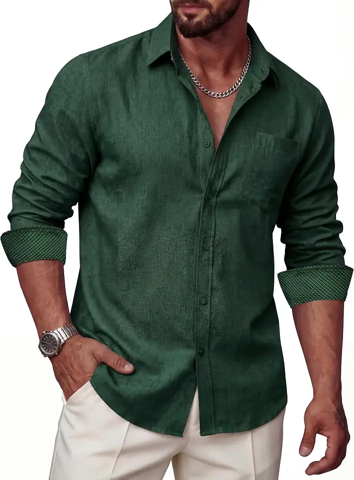 Mens Linen Shirts Long Sleeve Casual Button Down Shirt Untucked Regular Fit Contrast Collar Dress Shirt with Pocket
