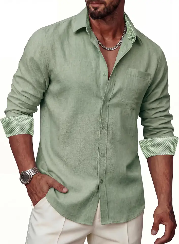 Mens Linen Shirts Long Sleeve Casual Button Down Shirt Untucked Regular Fit Contrast Collar Dress Shirt with Pocket