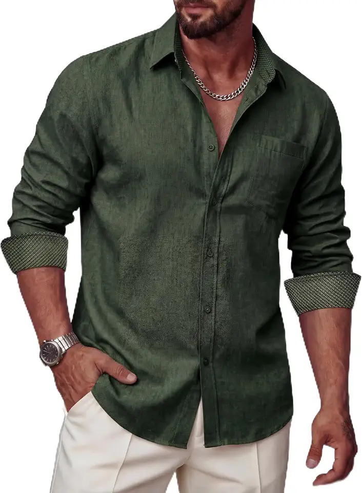 Mens Linen Shirts Long Sleeve Casual Button Down Shirt Untucked Regular Fit Contrast Collar Dress Shirt with Pocket