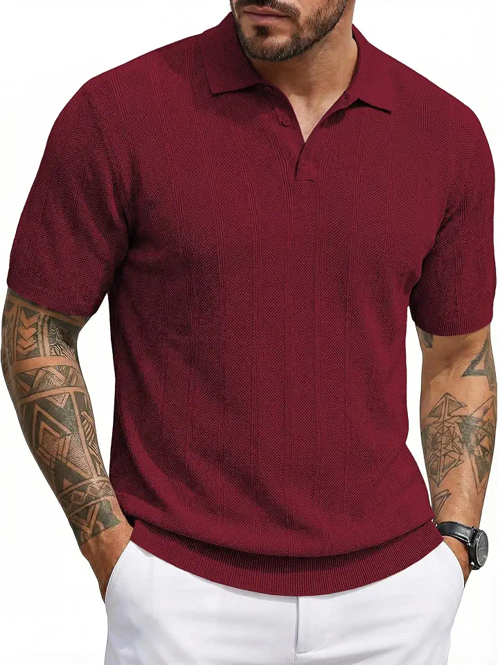 JMIERR Mens Textured Knit Polo Shirt Short Sleeve Ribbed Trim Casual Top