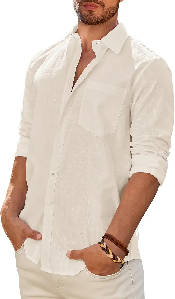 Global Recycled Standard Mens Cotton Linen Textured Shirt Long Sleeve Button Down Shirt Summer Beach